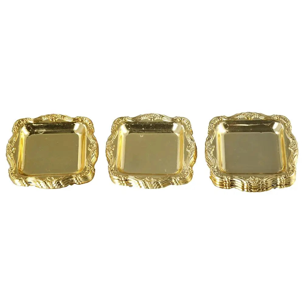 Three gold-colored mirror-finish mini trays for jewelry, snacks, or decor.
