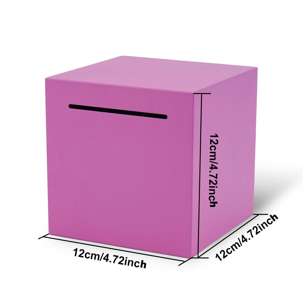 A pink decorative metal piggy bank with a black slot on the top.