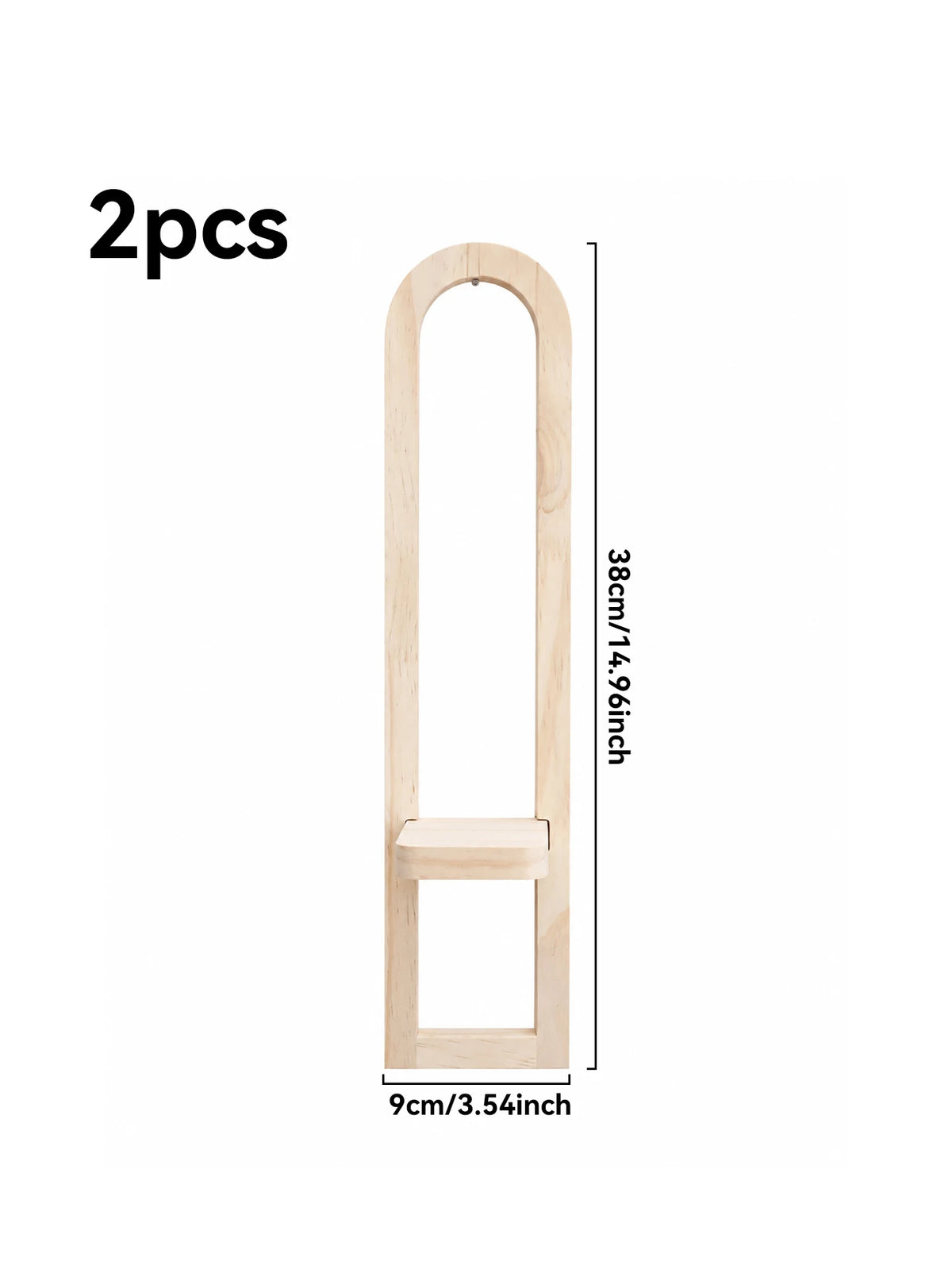 A pair of light wood arched wall shelves, measuring 38cm long and 9cm wide.