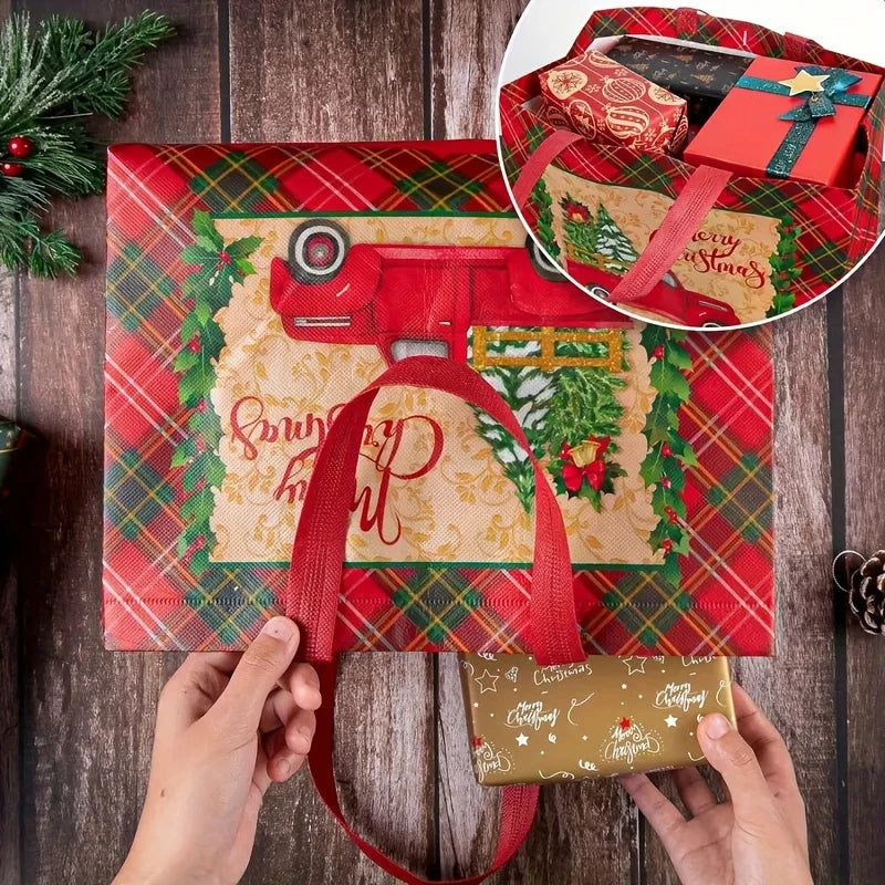 A red plaid fabric gift bag with a green Christmas design and a red strap is shown being held by hands.