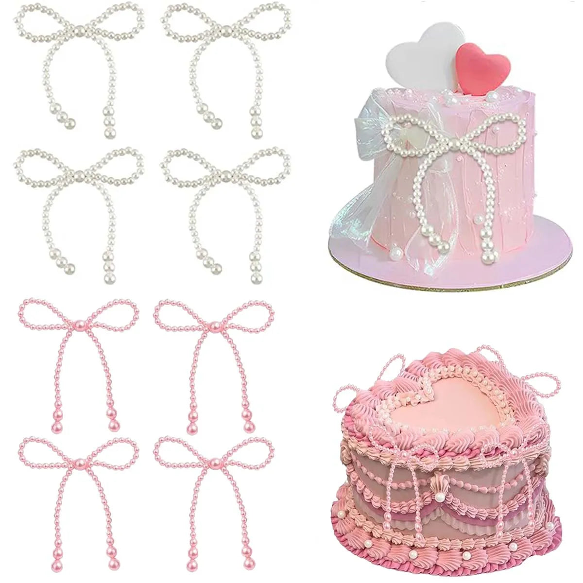 A set of pearl bow cake toppers and decorative elements for elegant party decoration.