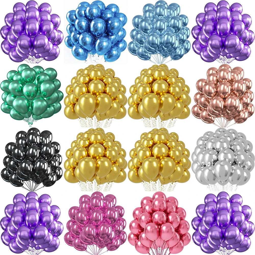 A collection of metallic gold balloons in various clusters and colors for party decorations