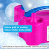 Pink portable electric balloon inflator with a hollow grid for cooling and a blue handle.