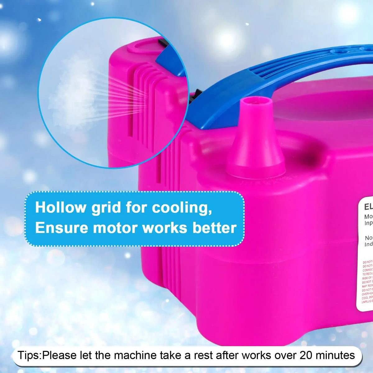 Pink portable electric balloon inflator with a hollow grid for cooling and a blue handle.