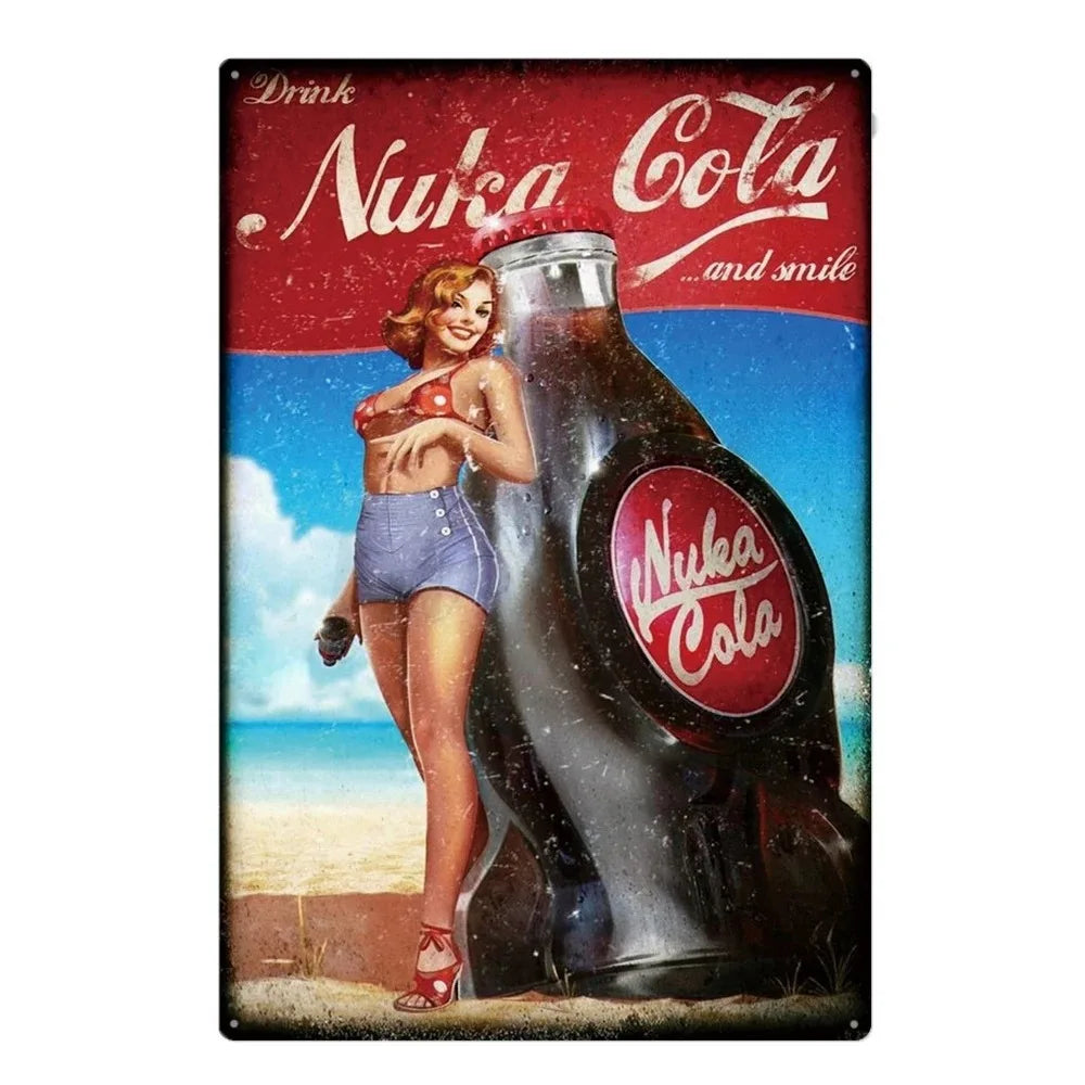 Vintage metal wall sign advertising Nuka Cola featuring a woman and a cola bottle against a blue sky background.