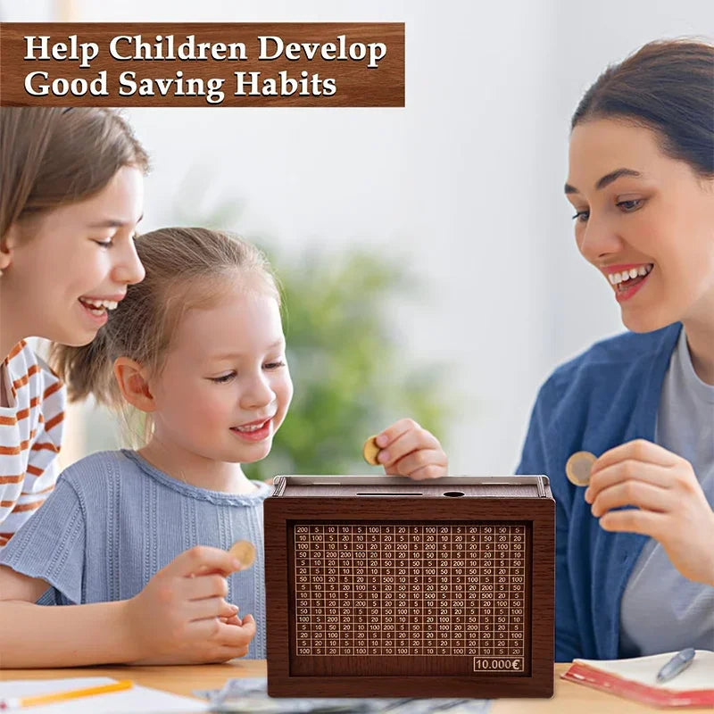 Children are using a wooden piggy bank with a savings goal tracker to help them develop good saving habits.