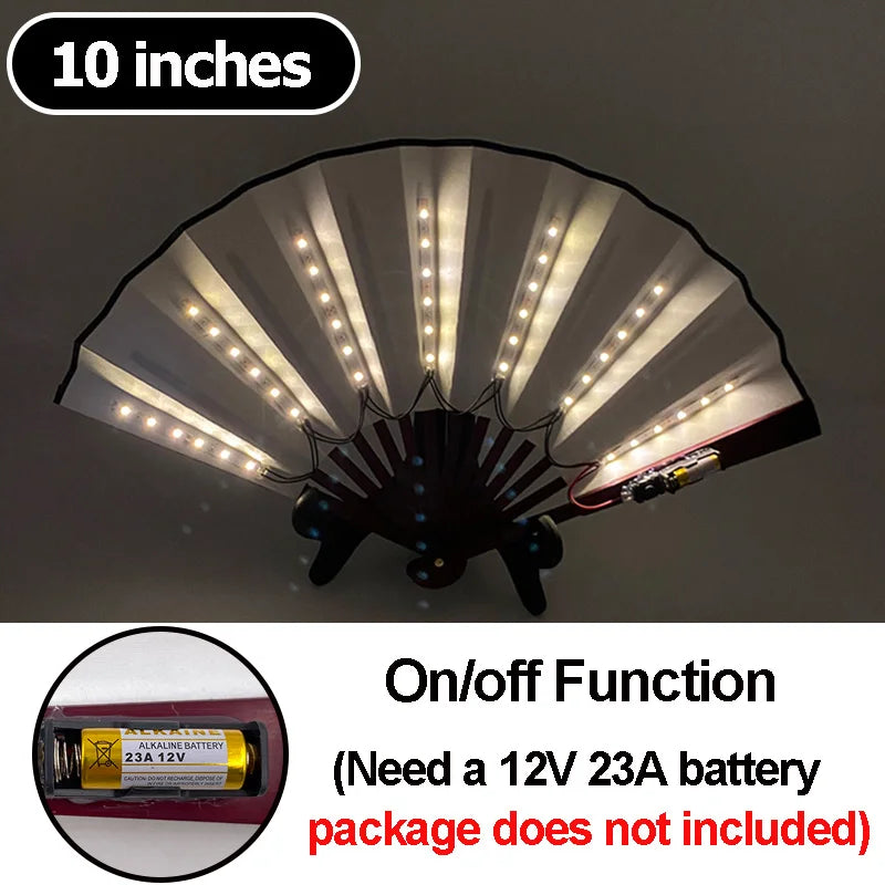 A 10 inch multi-mode LED party fan with a pleated design and on/off function.