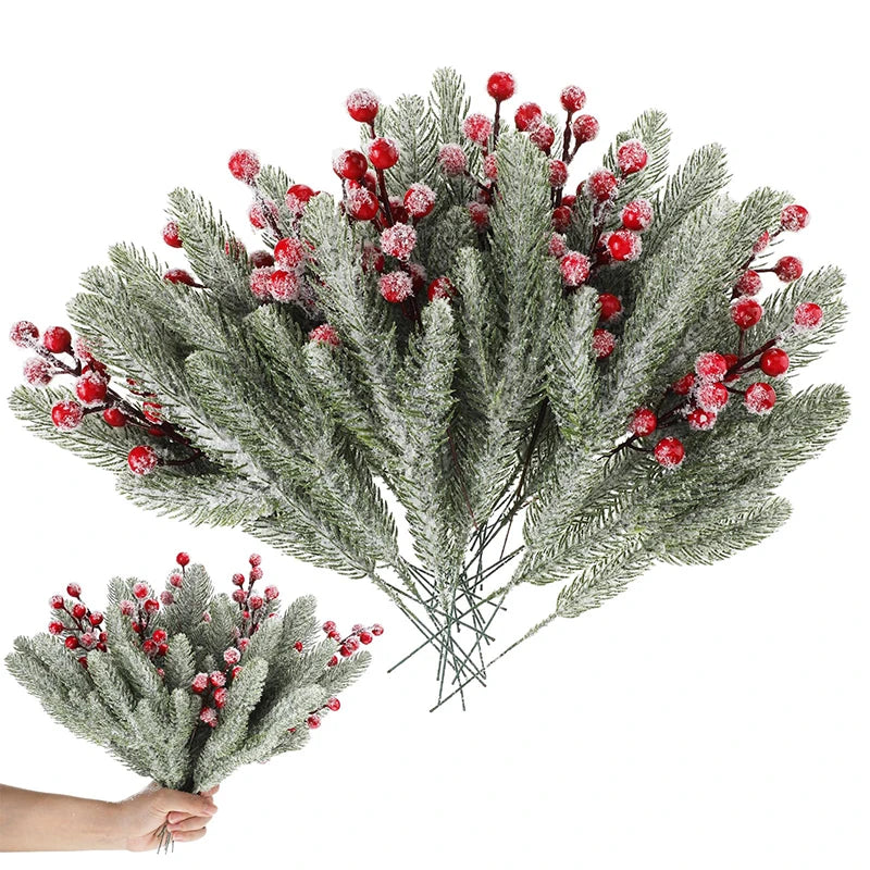 A sprig of frosted pine needles with red berries used as a Christmas bouquet