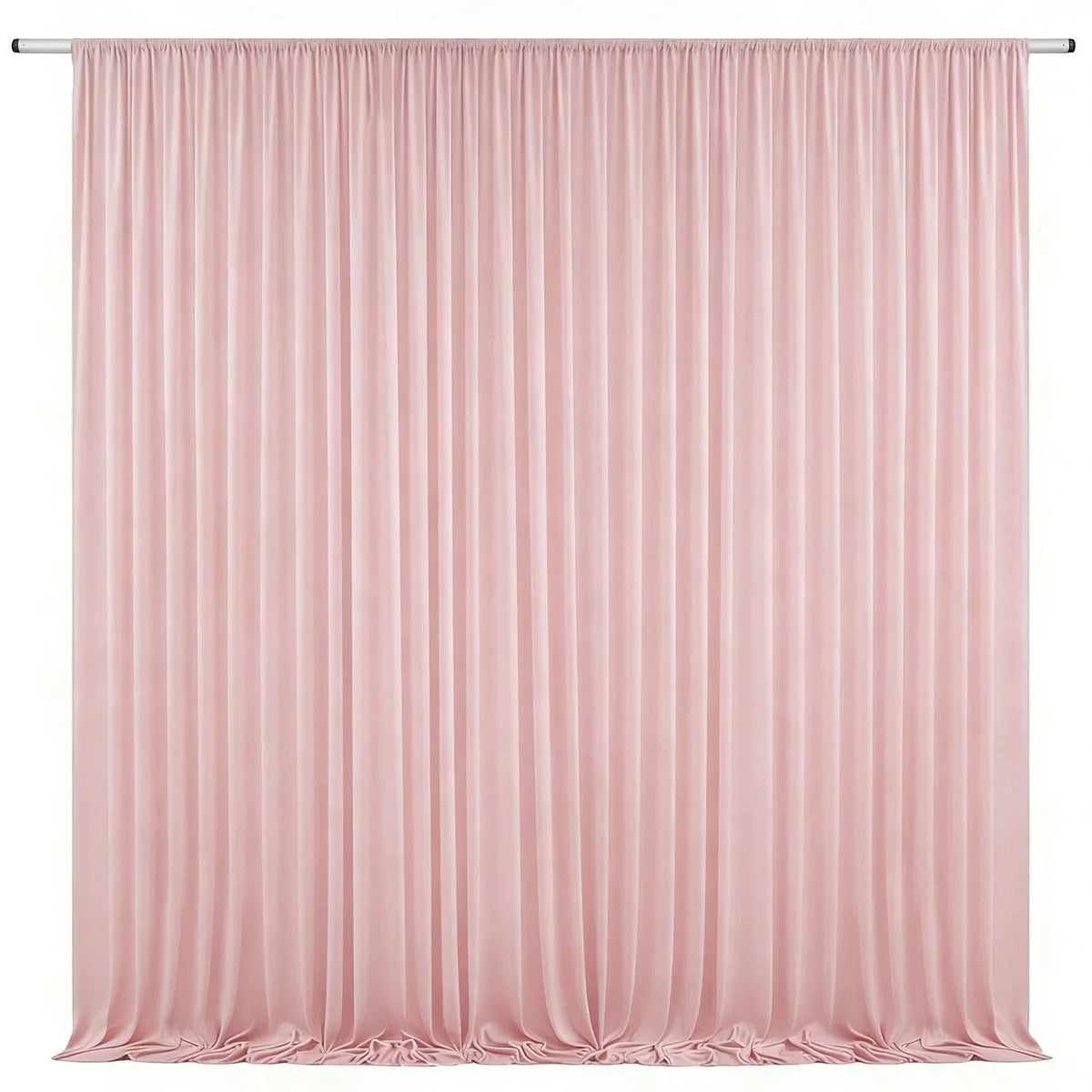 A floor-to-ceiling pink pleated drapery backdrop used for weddings and parties.