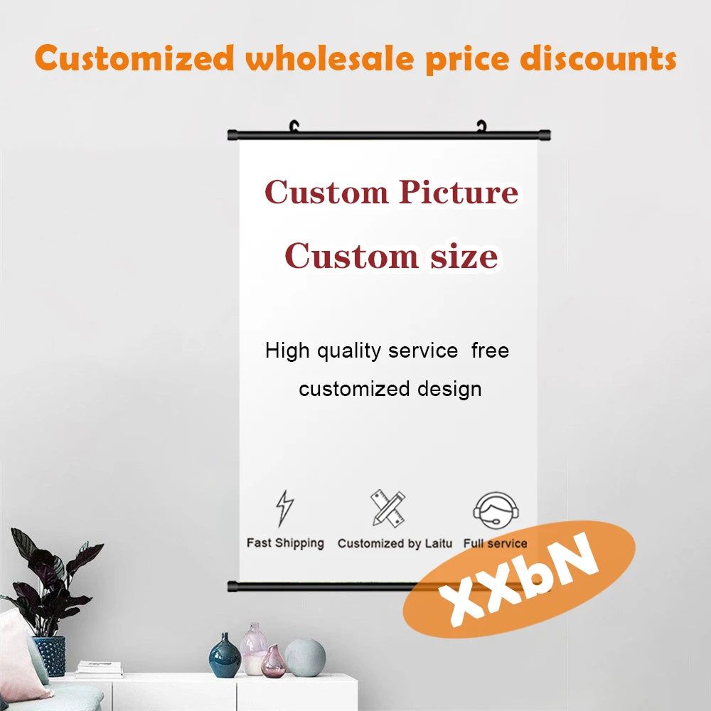 A white banner displaying text about customized wholesale price discounts and services for custom picture and size designs.