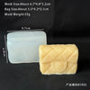 A light blue silicone mold and a yellow silicone handbag mold are displayed on a dark surface.
