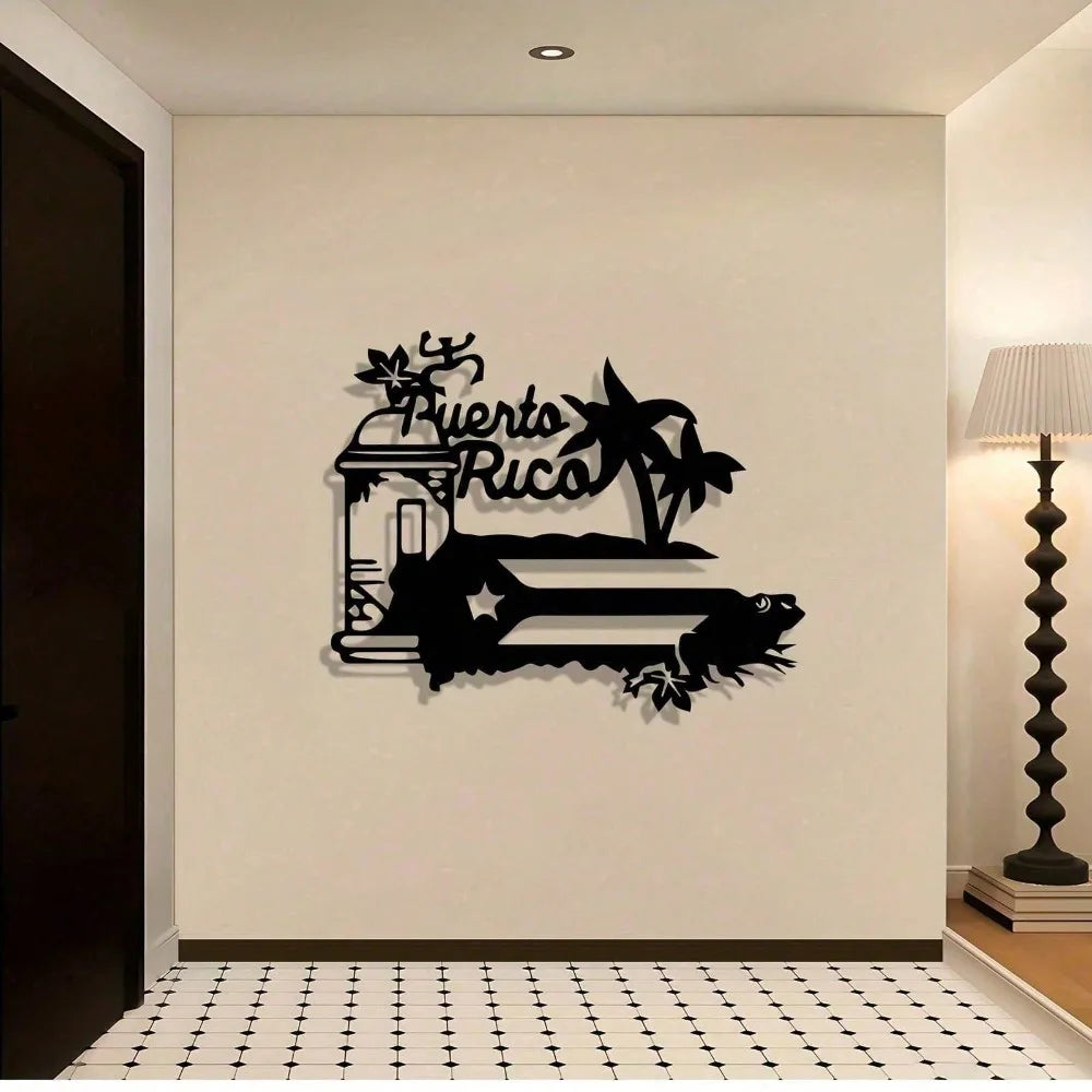 A black silhouette wall hanging featuring the text Puerto Rico and palm trees on a light-colored wall.