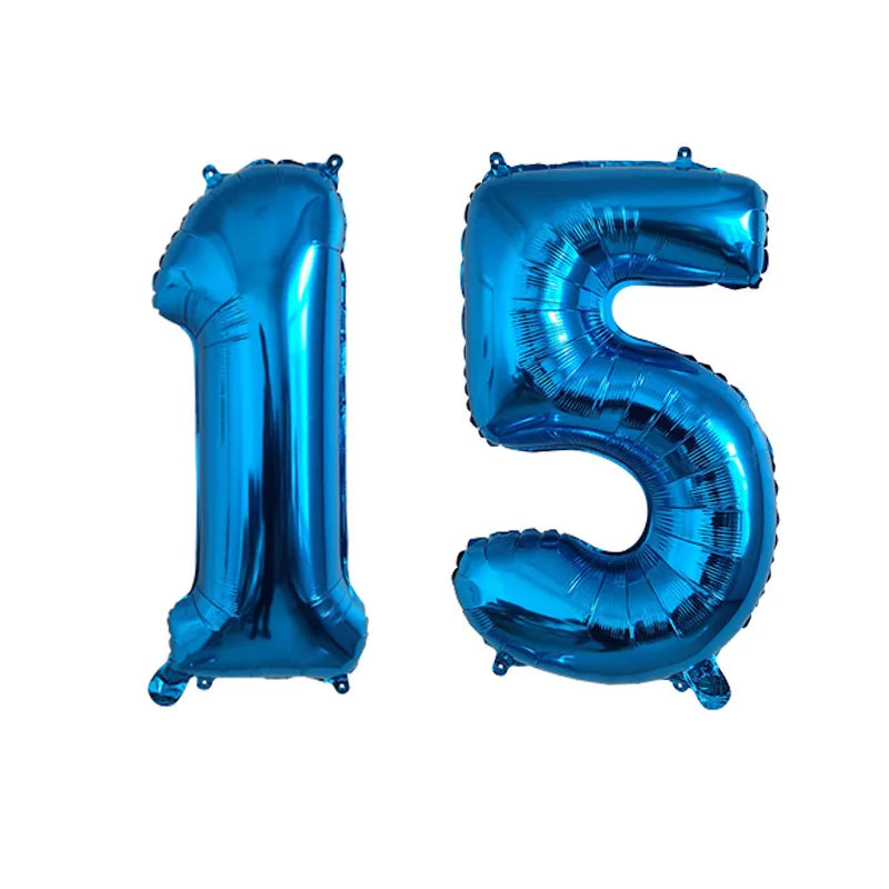 Two metallic blue foil number balloons shaped like 1 and 5.