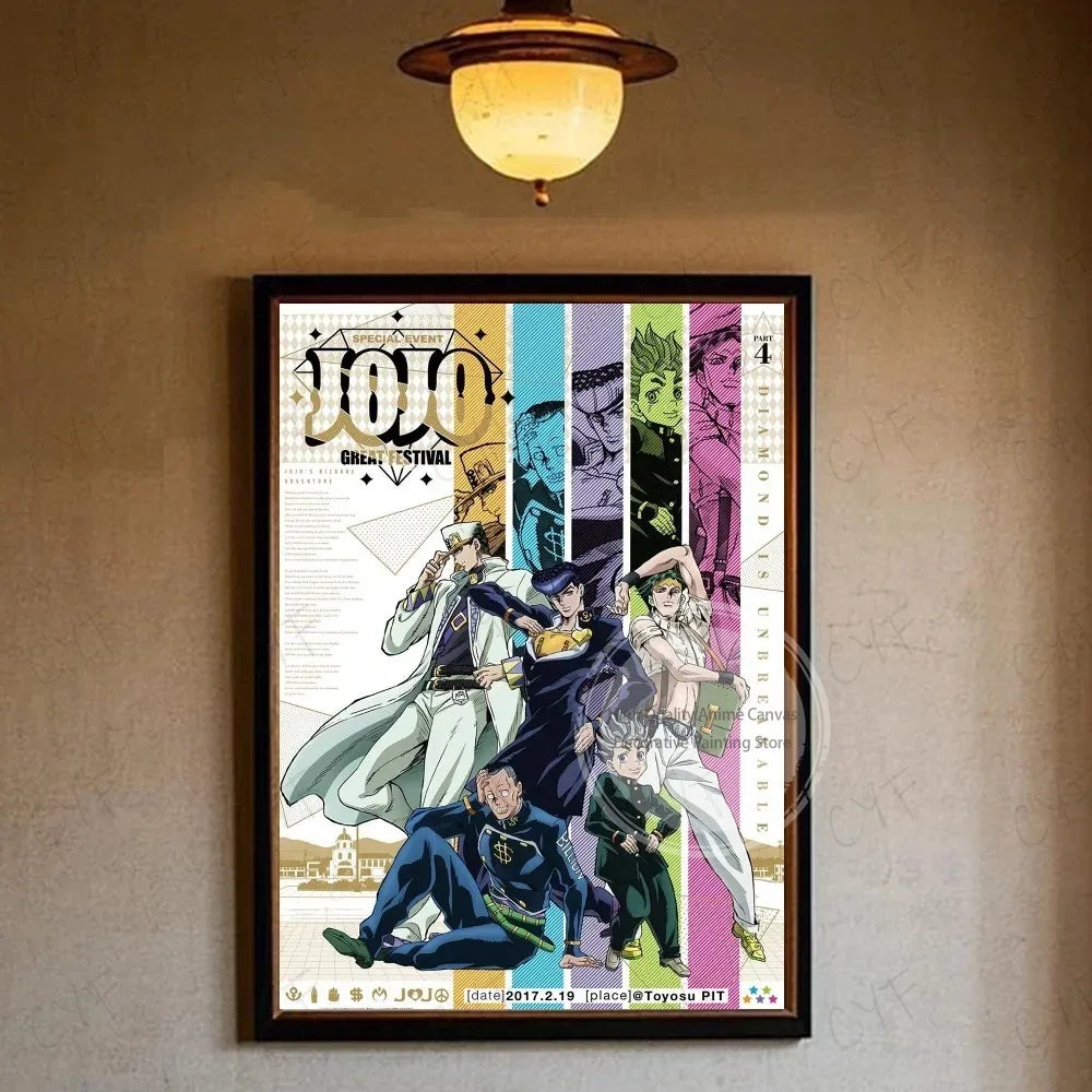 A vertical poster featuring characters from JoJo's Bizarre Adventure in a vibrant, stylized anime art style.