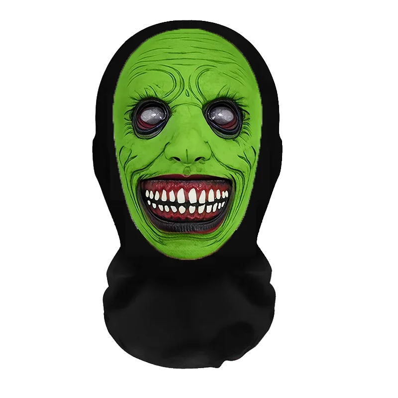 A realistic horror mesh balaclava mask with green skin, large eyes, and a wide, menacing smile.