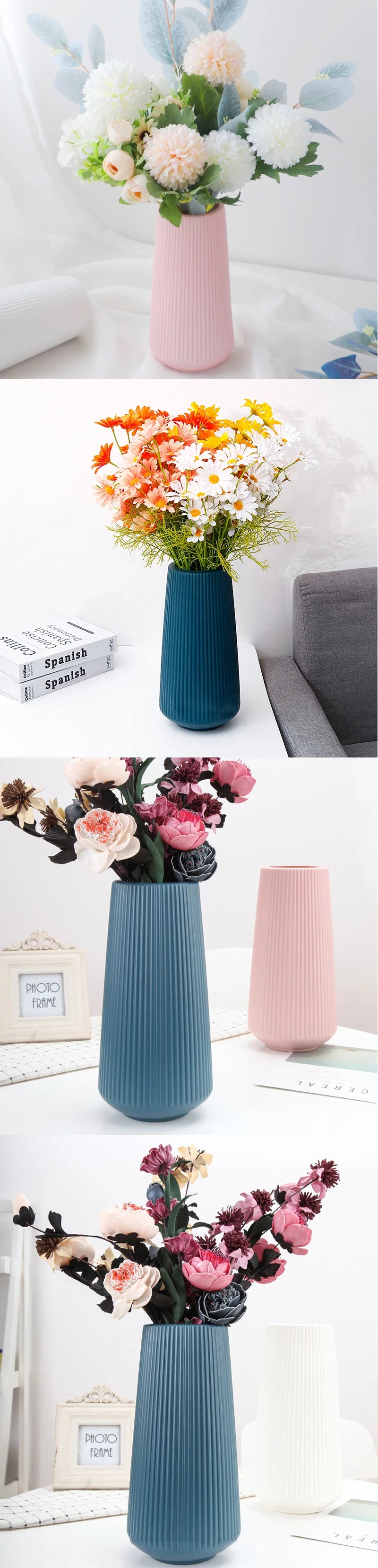 A collection of dried and fresh flowers in various shades of pink, white, and orange arranged in tall, ribbed ceramic vases.