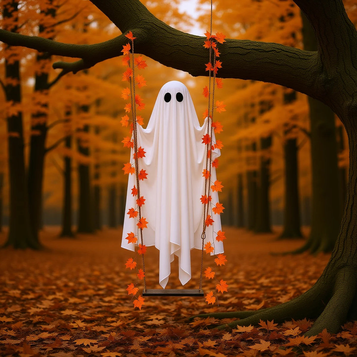 Una decoración fantasma de tela blanca con hojas de arce cuelga de una rama de árbol en un bosque otoñal.