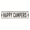 A rectangular vintage metal sign with the text HAPPY CAMPERS in black capital letters on a white background.
