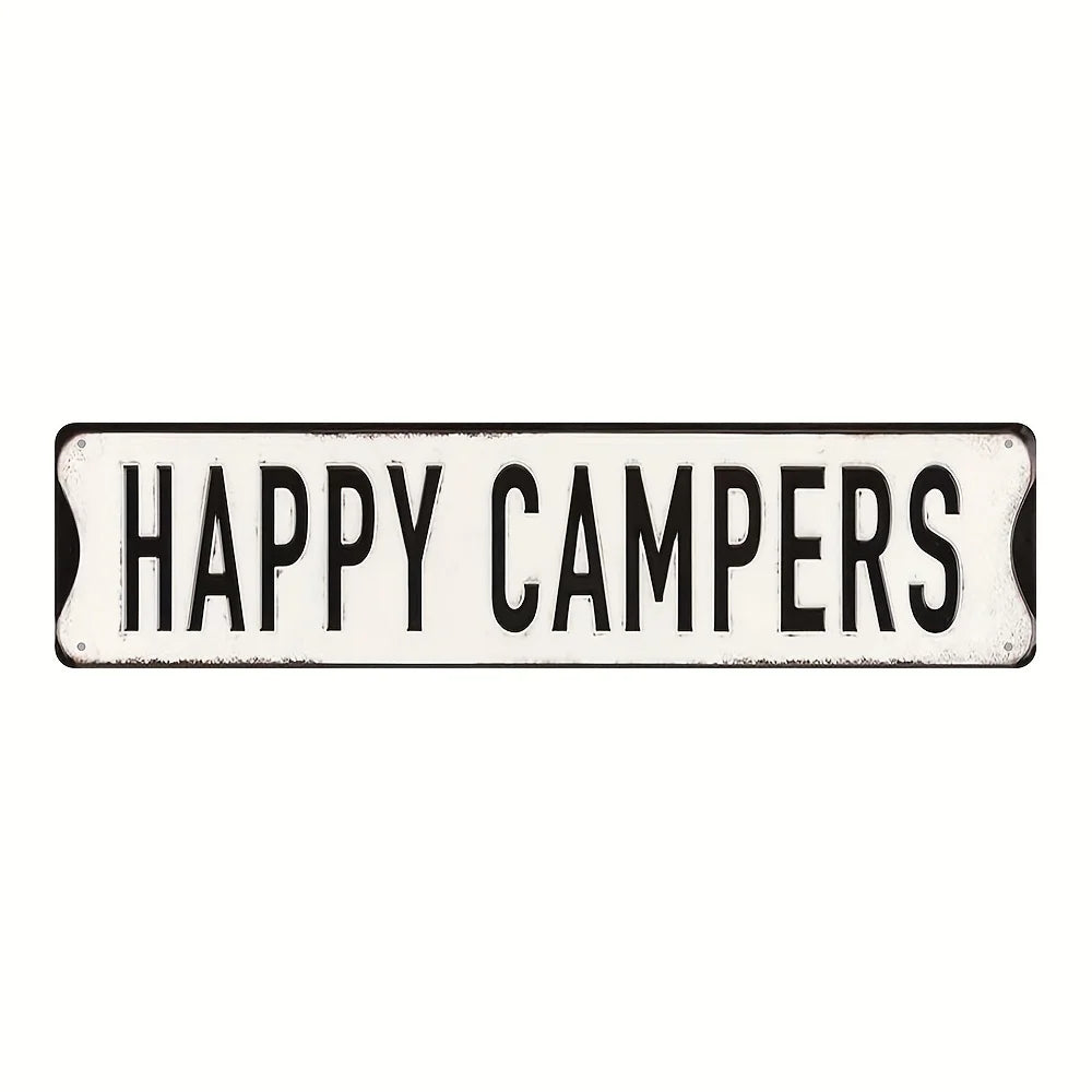 A rectangular vintage metal sign with the text HAPPY CAMPERS in black capital letters on a white background.