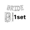 A set of white letter foil balloons spelling the word BRIDE.