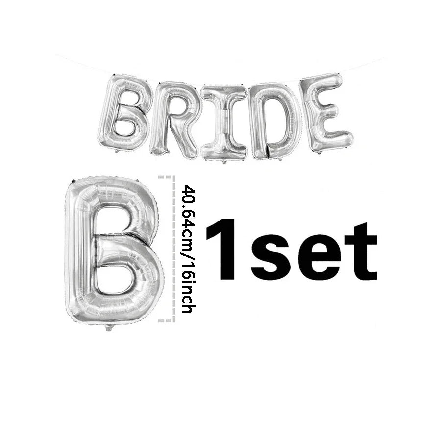 A set of white letter foil balloons spelling the word BRIDE.