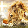A majestic lion with a cross and a lamb in a golden field.