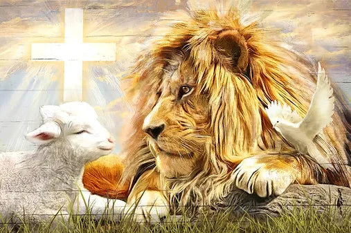 A majestic lion with a cross and a lamb in a golden field.