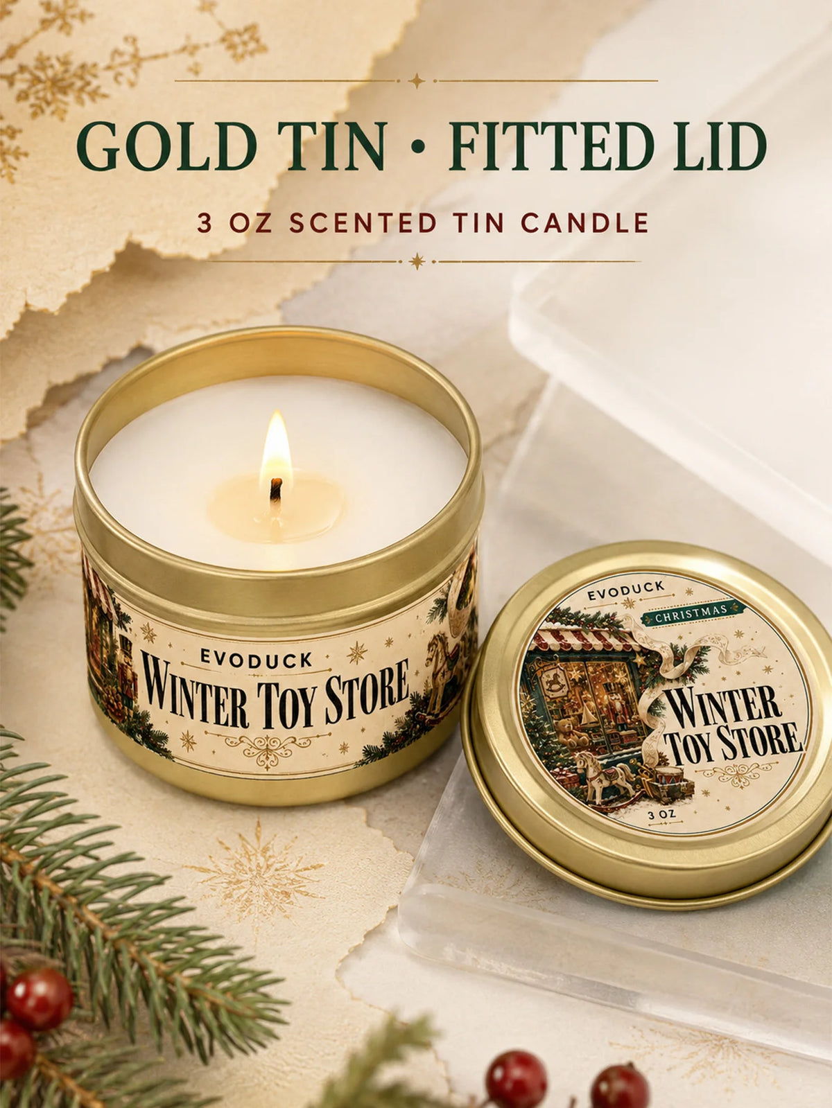 A gold tin of a scented candle labeled Winter Toy Store sits next to its open tin and a gift box on a light surface.