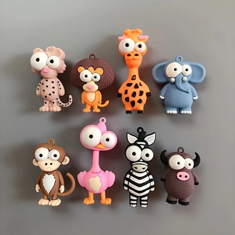 A set of six decorative refrigerator magnets featuring various animal characters like a lion, giraffe, elephant, and monkey.