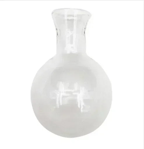 A clear glass vintage hydroponic plant vase with a narrow neck and round body.