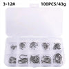 Boîte en plastique transparent contenant 100 hameçons de différentes tailles, de 3# à 12#