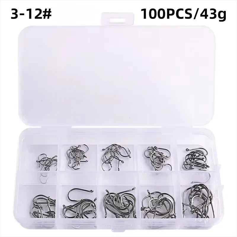 Boîte en plastique transparent contenant 100 hameçons de différentes tailles, de 3# à 12#