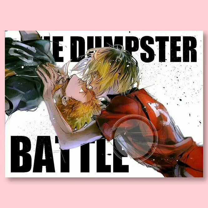 A poster featuring an anime character with spiky blonde hair and a determined expression, set against a black background.