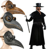 A plague doctor bird mask cosplay featuring a dark leather mask and a black cloak.