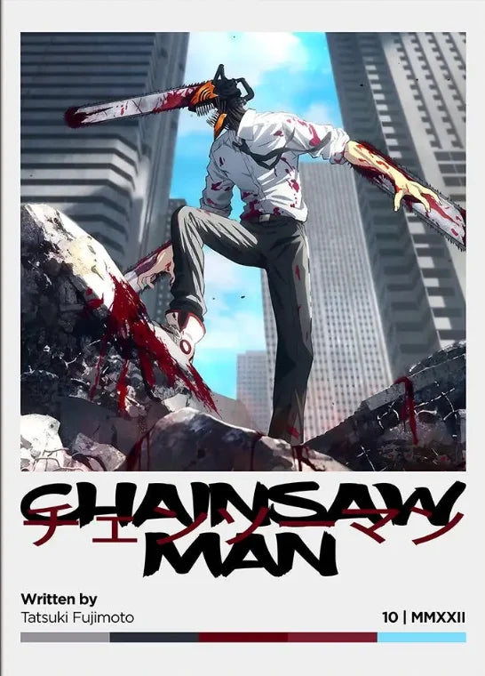 Chainsaw Man anime canvas wall art featuring a character wielding a chainsaw against a city backdrop.