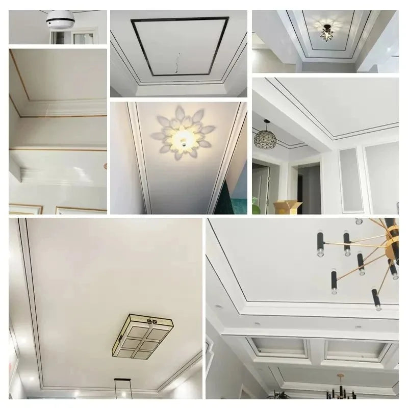 Various close-ups of white PVC wall trim tape used for edge decoration and protection on ceilings and walls.