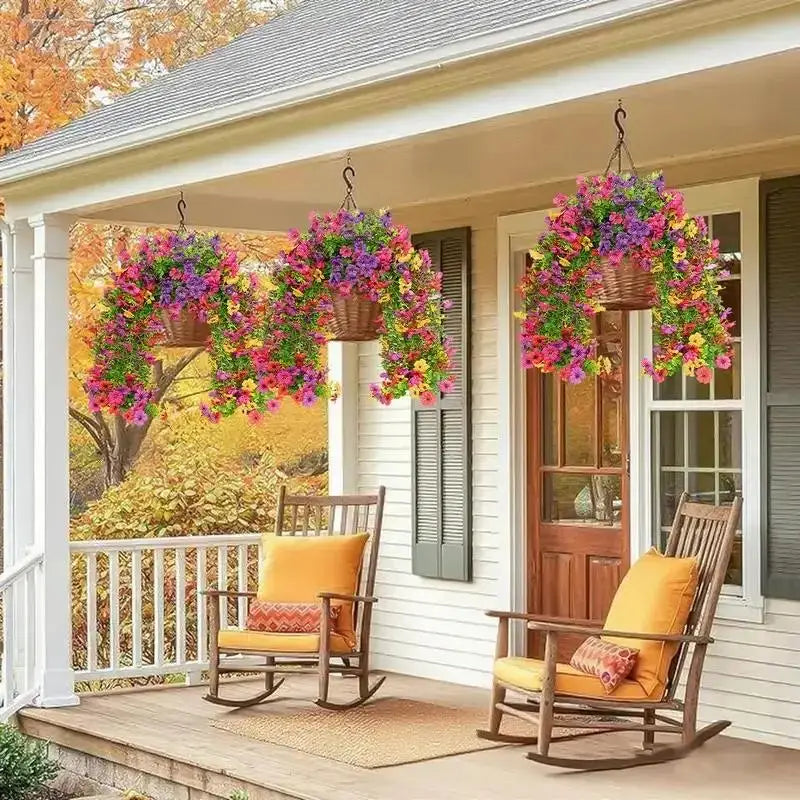 A hanging display of artificial purple and pink flowers in a basket decorating a porch entryway.