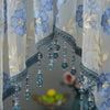 Light blue and gold embroidered sheer lace door curtain with delicate blue glass tassels