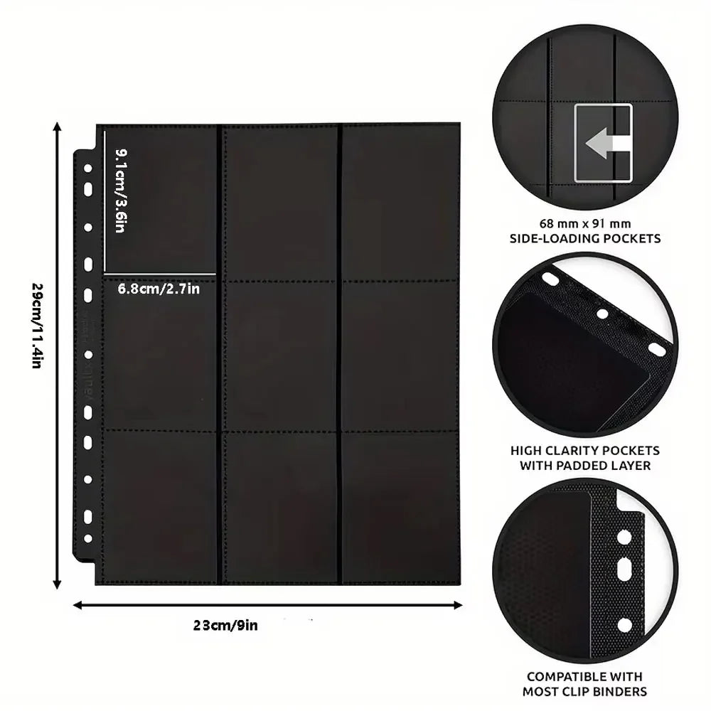Black acid-free trading card refill pages for 3-ring binders with various pocket options