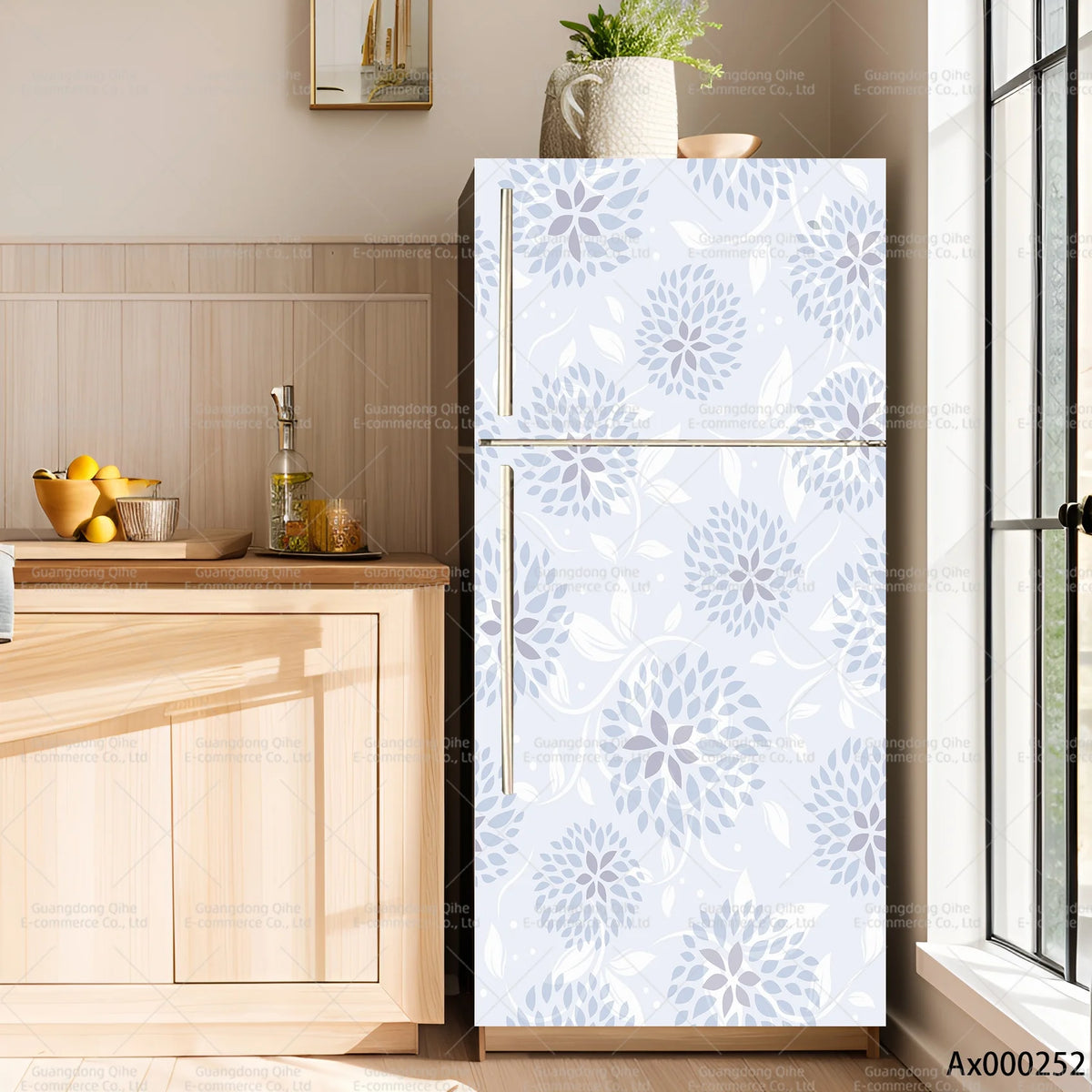 A white refrigerator featuring a light blue floral pattern mounted on a wooden cabinet.