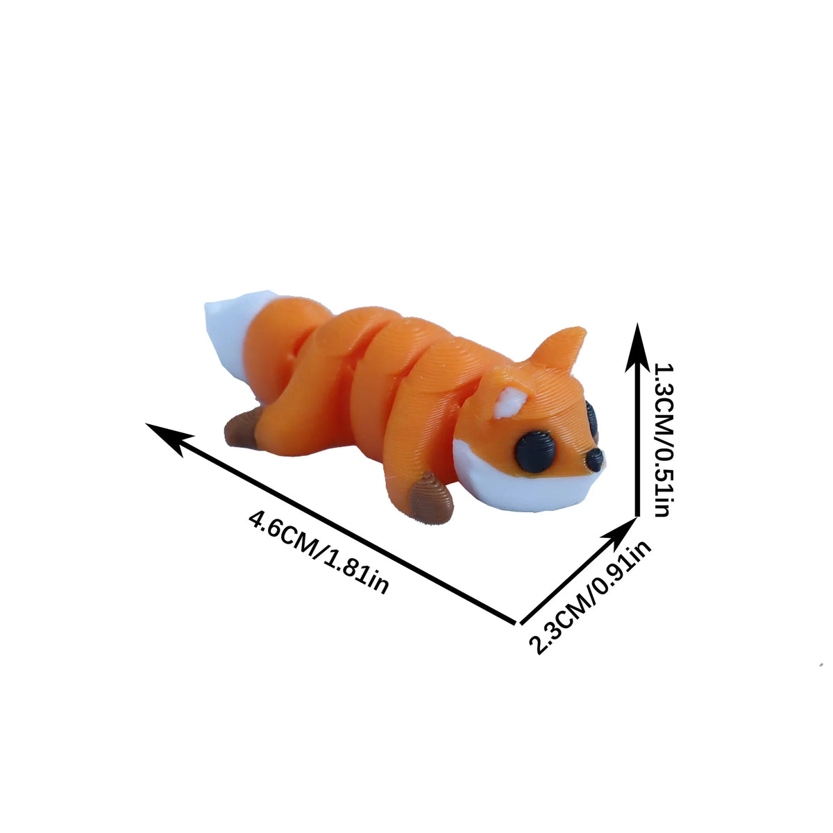 An orange and white cartoon animal figurine, likely a fox or similar creature, shown in profile with dimensions provided.