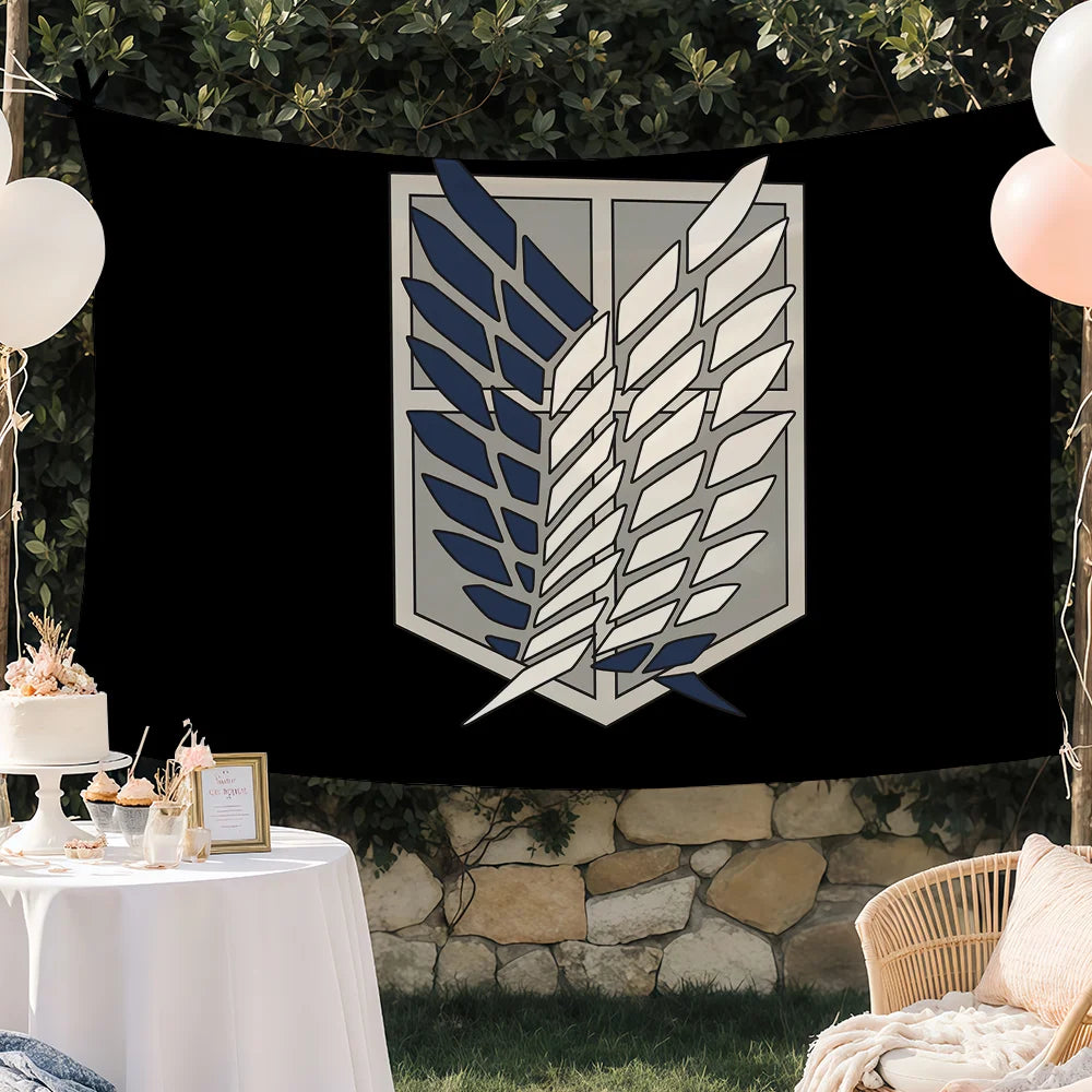 A decorative banner featuring a crest design with stylized wings in blue and gray on a black background.