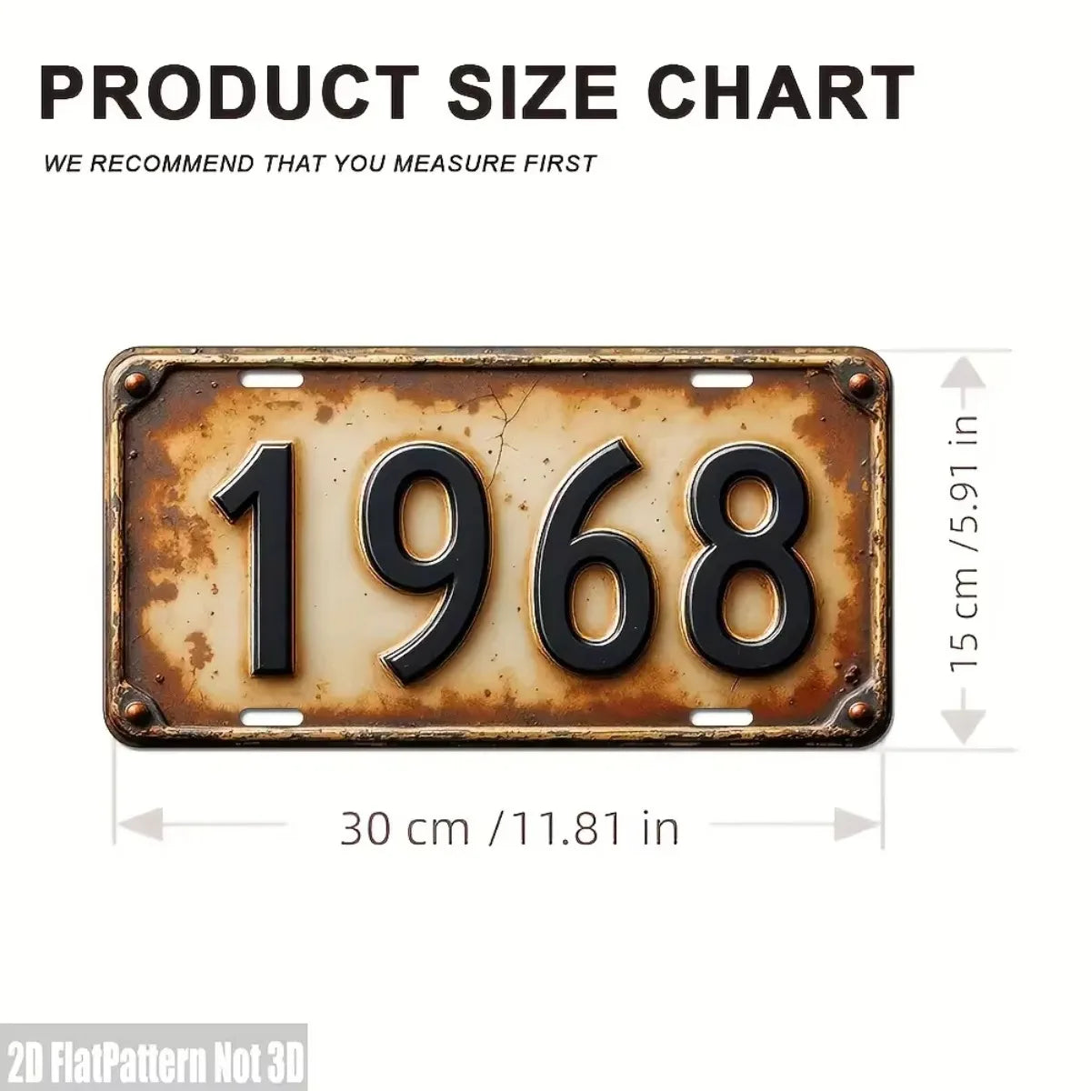 A vintage brass-colored aluminum license plate tag with the year 1968 embossed on it.