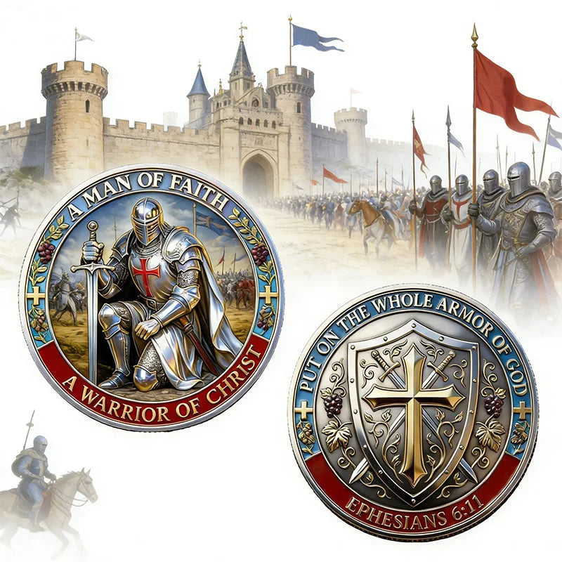 A commemorative coin design featuring a warrior and armor, symbolizing a man of faith and the whole armor of God.