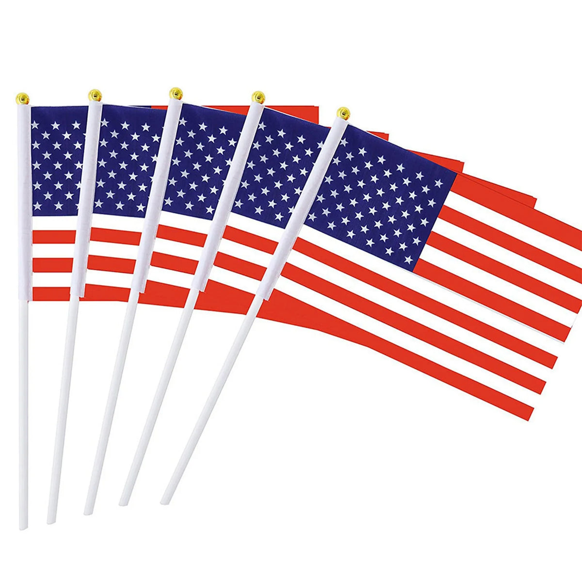 A display of several American flags mounted on wooden sticks.