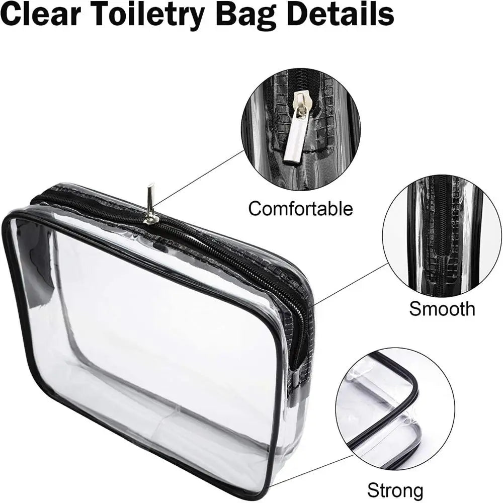 Details of a clear waterproof toiletry bag showing the zipper, smooth finish, and strong material.