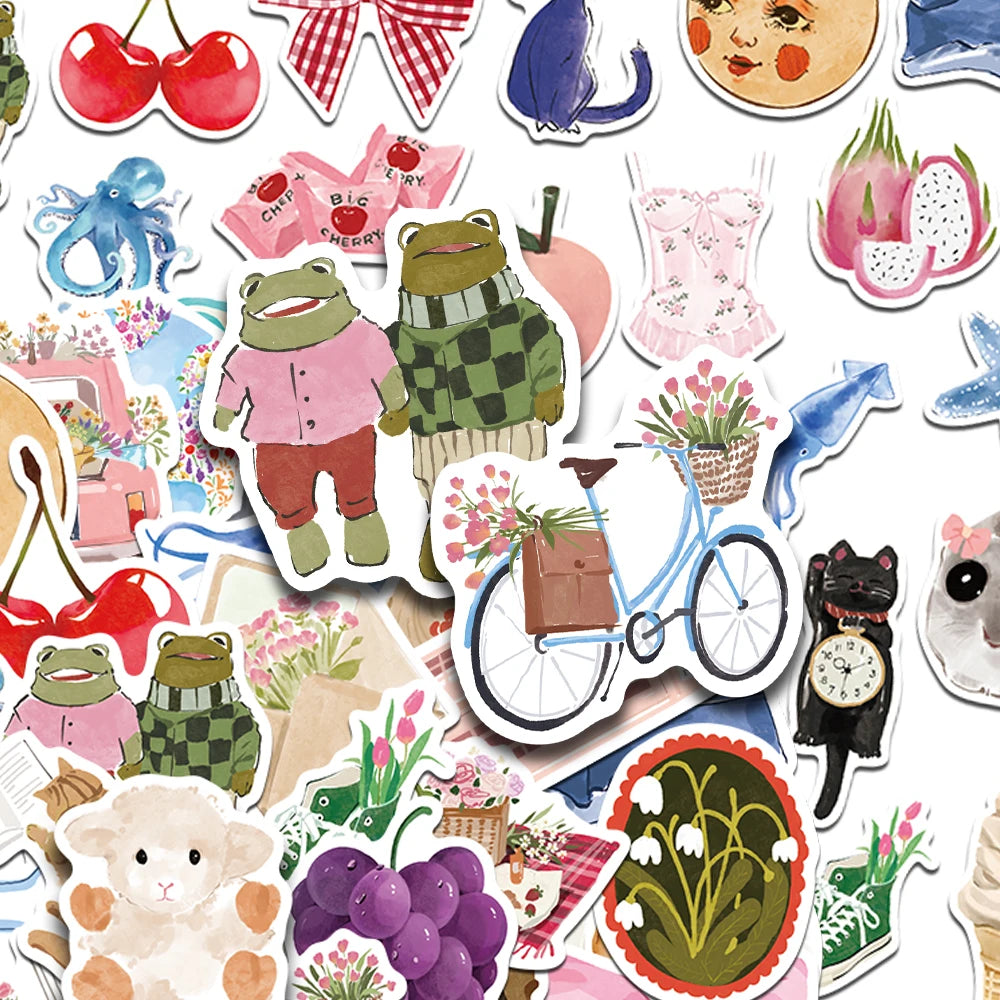 A collection of watercolor dairy-themed stickers featuring animals, fruits, and various decorative elements.