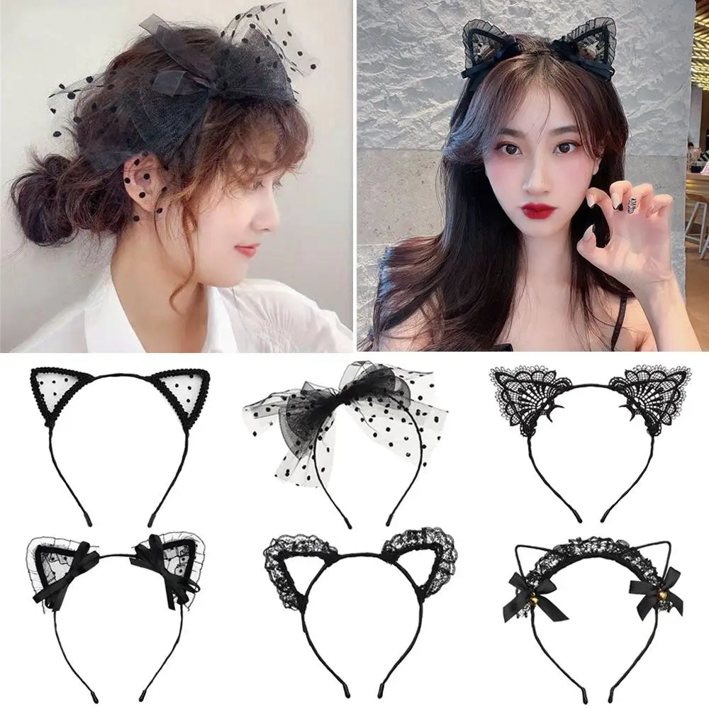 Lace Cat Ear Headband with Elegant Bow Details