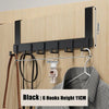 Black heavy duty aluminum door hooks with 6 capacity mounted on a wooden surface.