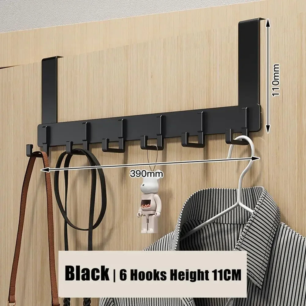 Black heavy duty aluminum door hooks with 6 capacity mounted on a wooden surface.